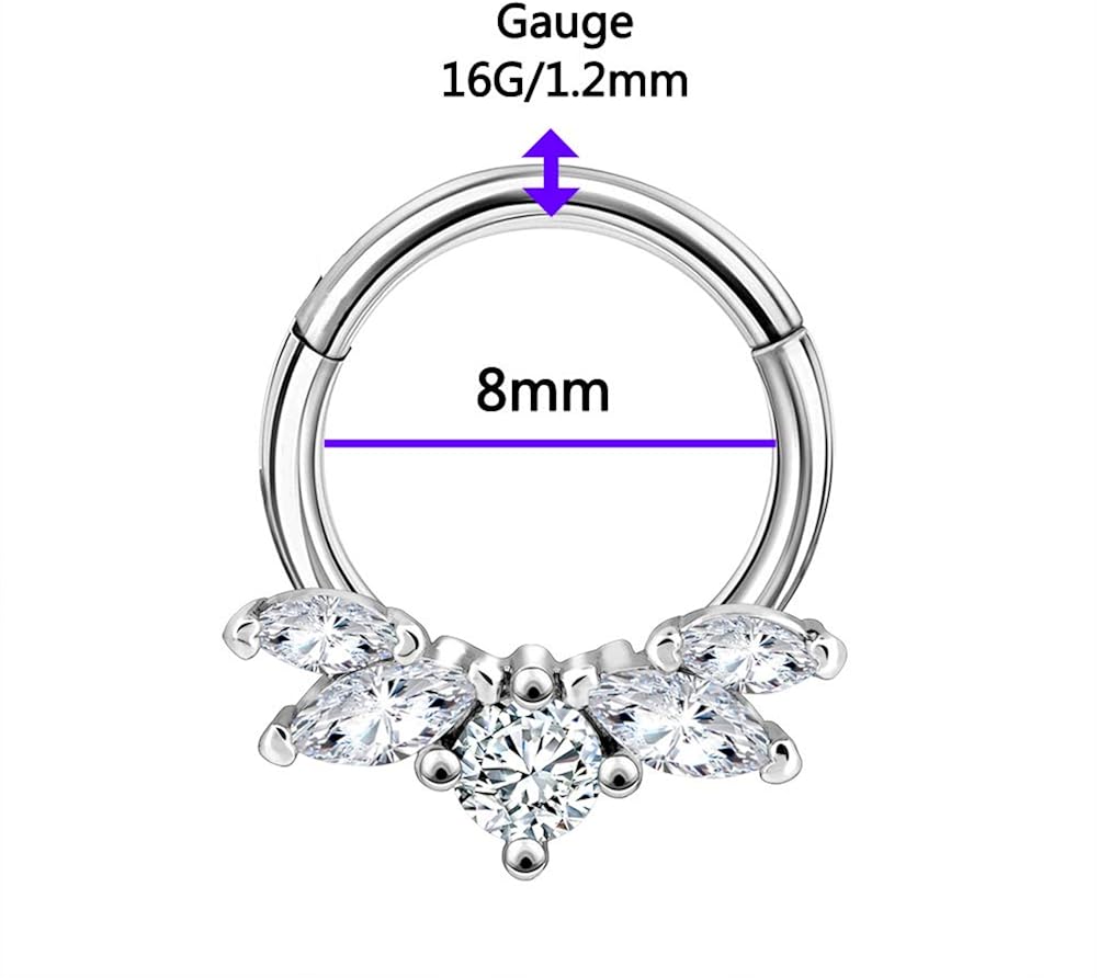 OUFER 16G Crown Daith Piercing Jewellery Helix Hoop Earrings Conch Surgical Steel Hinged Segment Clicker Cartilage Tragus Septum Nose Clear Oval CZ Gem 1.2mm 8mm - Image 3