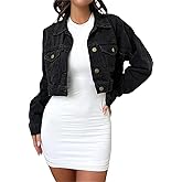 FairBeauty Women's Washed Distressed Denim Jacket Long Sleeve Ripped Button Up Cropped Jean Jacket