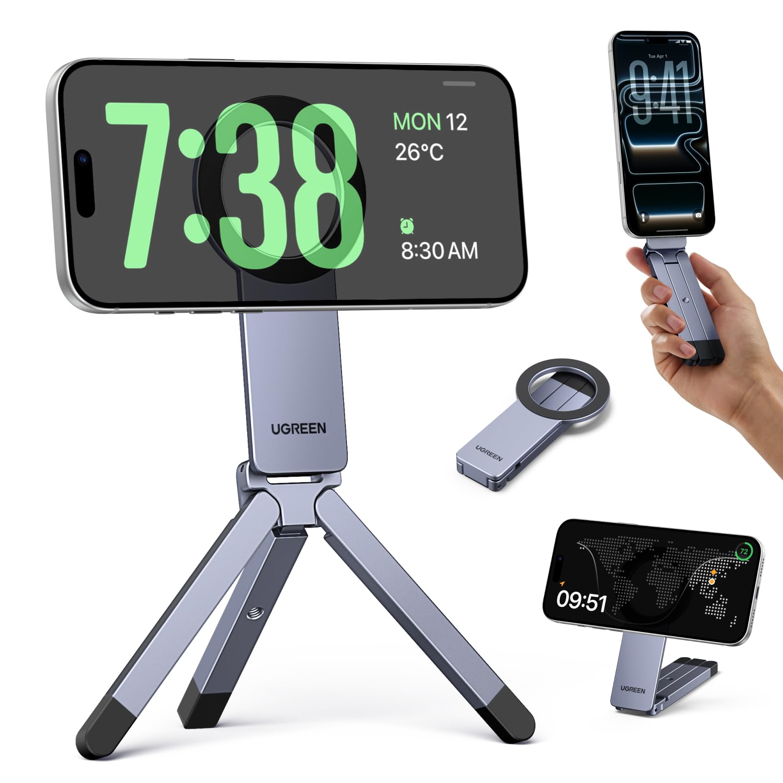 UGREEN for Magsafe Tripod 360° Rotating Adjustable Magnetic Phone Stand for 1/4'' Screw Port Compatibility with iPhone 17 16 15 14 13 12 Pro Max Air, Cell Phone StandTravel Essentials Accessories