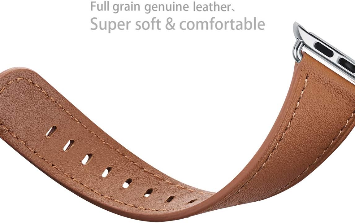WFEAGL Strap Compatible for Watch Strap 42mm 44mm,Many Colours of Leather Band Replacement Strap Compatible with Watch Series 5/4/3/2/1(42mm 44mm,Brown Band+Silver Adapter) - Image 4