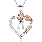 Vito Copper Silver Plated Initial Heart Necklace with Cubic Zirconia for Women, Rose Gold-Plated Flower Letter A to Z Pendant Heart Alphabet Personalized Jewelry Gifts, 18"+2" Stainless Steel O Link Chain