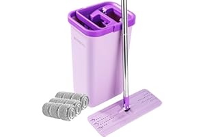 BOSHENG Mop and Bucket with Wringer Set, Hands Free Flat Floor Mop and Bucket, 3 Washable Microfiber Pads Included, Wet and Dry Use, Home Floor Cleaning System for All Floor Types and Windows, Purple