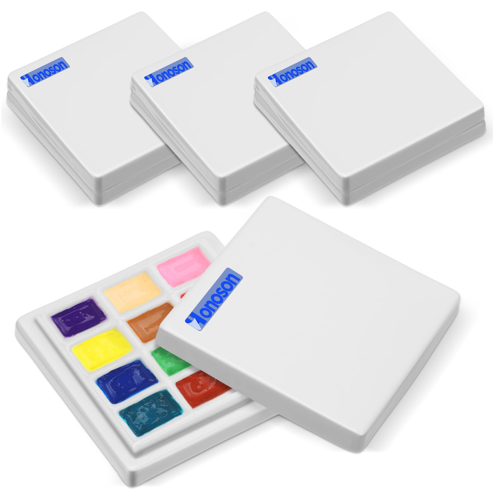 Photo 1 of Honoson 4 Pack 12 Wells Ceramic Palette with Covers Pure White Porcelain Painting Palette for Watercolor Gouache Color Painting Mixing Tray for Artists Professionals Students Hobby Crafts