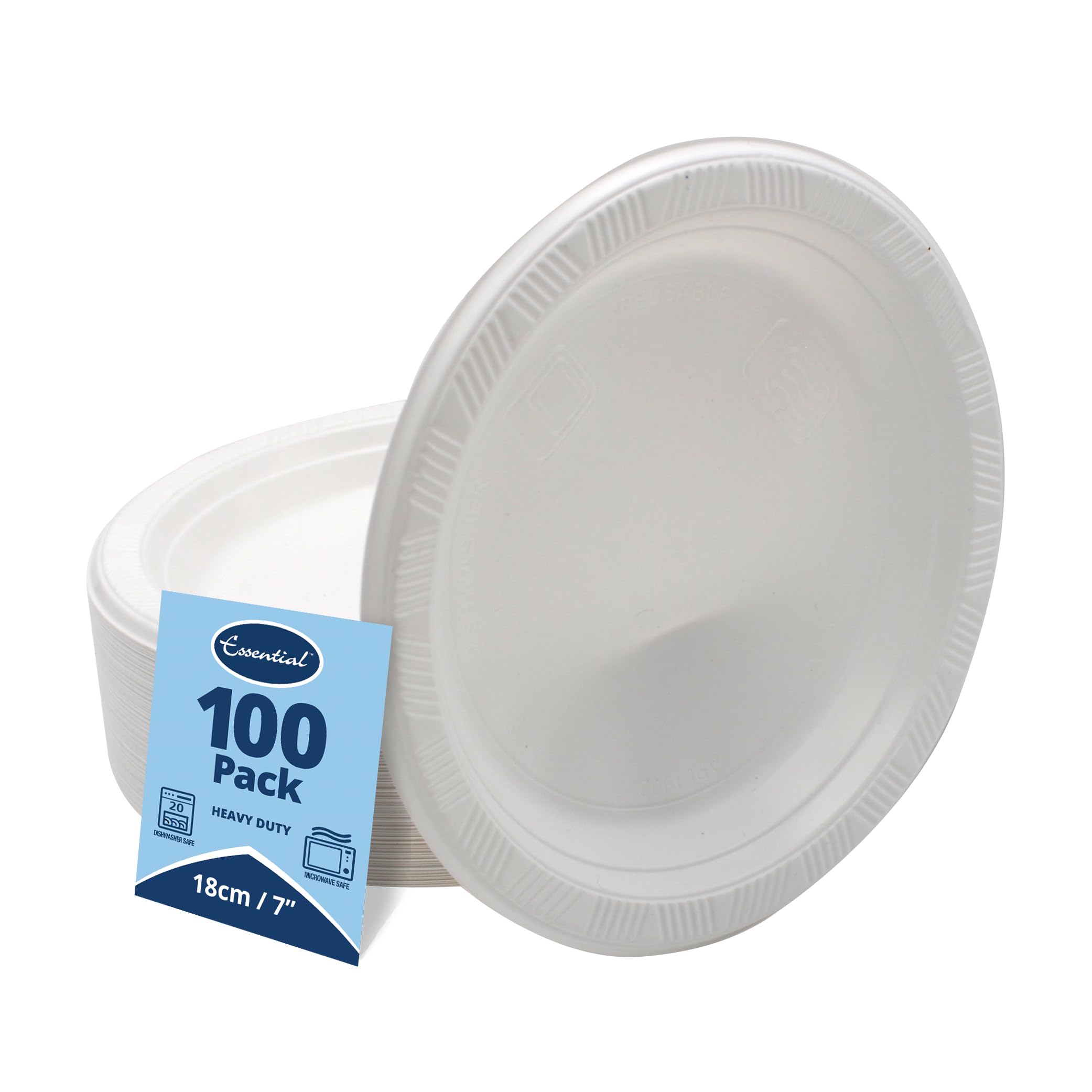 Essential Housewares | 100 White Plastic Plates | 7inch | 18cm | Heavy Duty