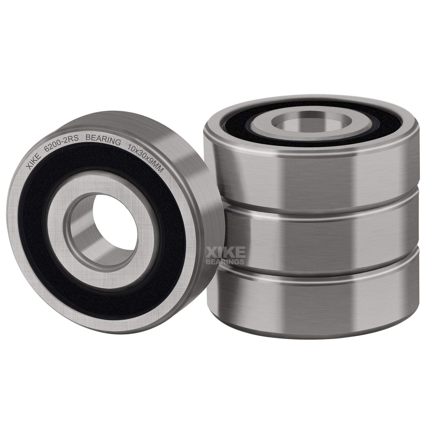 XIKE 6200-2RS Sealed Ball Bearings 10x30x9mm Chrome Steel and Pre-lubricated 6200RS Deep Groove Ball Bearing with Double Rubber Seals, Pack of 4.
