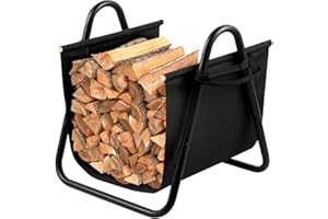 AMAGABELI GARDEN & HOME Fireplace Log Holder with Canvas Firewood Rack Indoor Tote Carrier Metal Wood Rack Black Firewood Holders Storage Heavy Duty Logs Stacker Basket with Handles Kindling