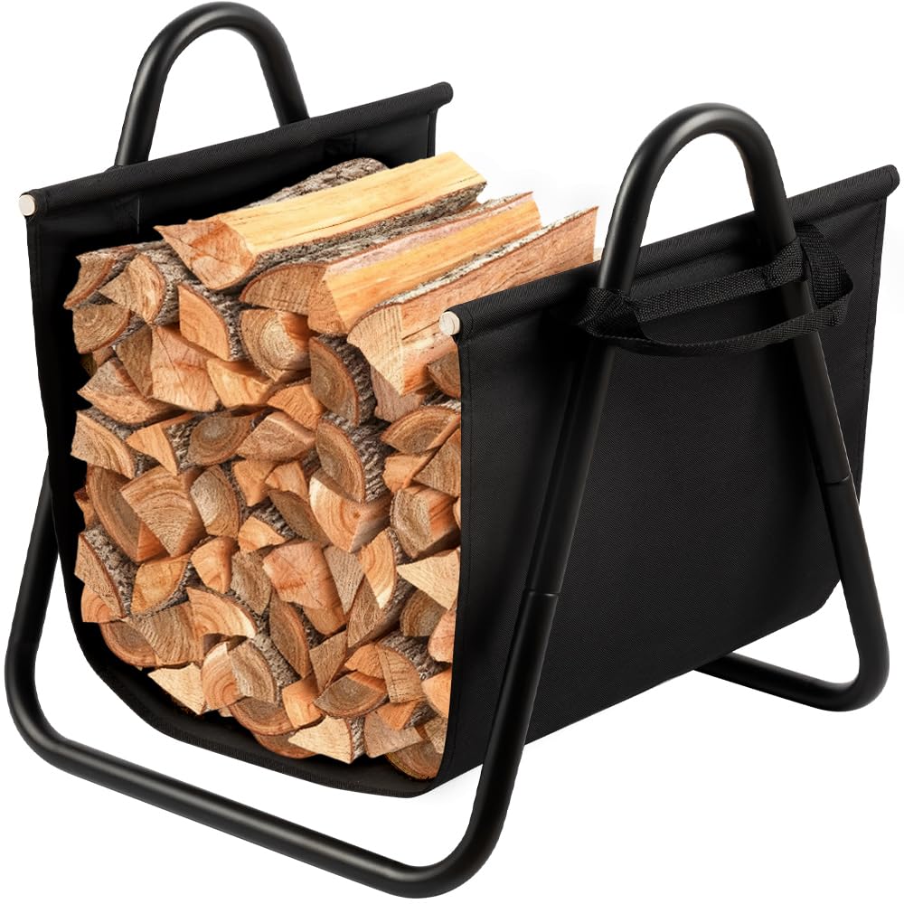 Photo 1 of ***MISSING PIECES*** AMAGABELI GARDEN & HOME Fireplace Log Holder with Canvas Firewood Rack Indoor Tote Carrier Metal Wood Rack Black Firewood Holders Storage Heavy Duty Logs Stacker Basket with Handles Kindling