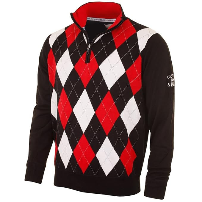 Cutter & Buck 2015 Mens Lined Argyle Windblock Sweater Black/Red XL