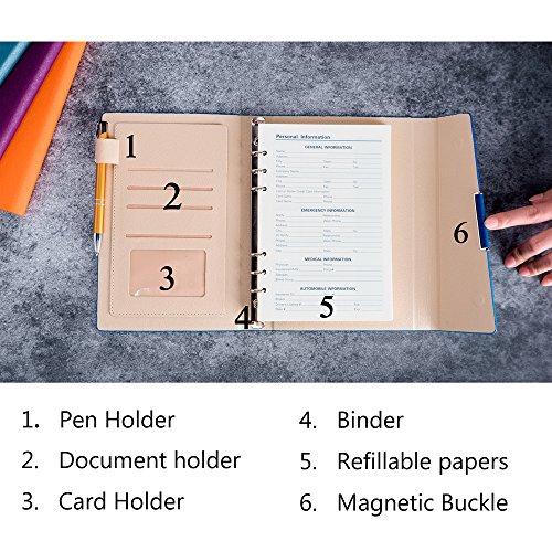CAIZHE Hardcover A5 Leather Pocketed Notebook / Diary with Binder for Refilling 160 Pages of Classic Writing Papers, 5.5 x 8.5 Inches (Purple)