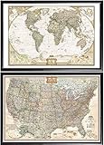 Poster Art House 2 Push Pin Maps by National Geographic, 1 World Map and 1 US Map Framed (Premium Black Wood)