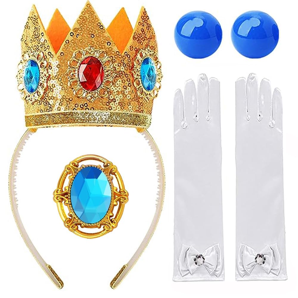 mefound 4Pcs Princess Peach Crown Accessories Kit,Women Princess Costume Crown Earrings Gloves Brooch Halloween Party Cosplay Dress Up Accessories