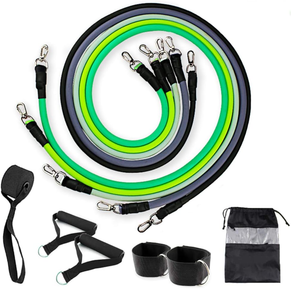 DouLukit Resistance Bands, 11 Pack at Home Workout Equipment Set - Includes 5 Stackable Exercise Bands with Door Anchor, Ankle Straps, Handle, Carrying Case (Green)