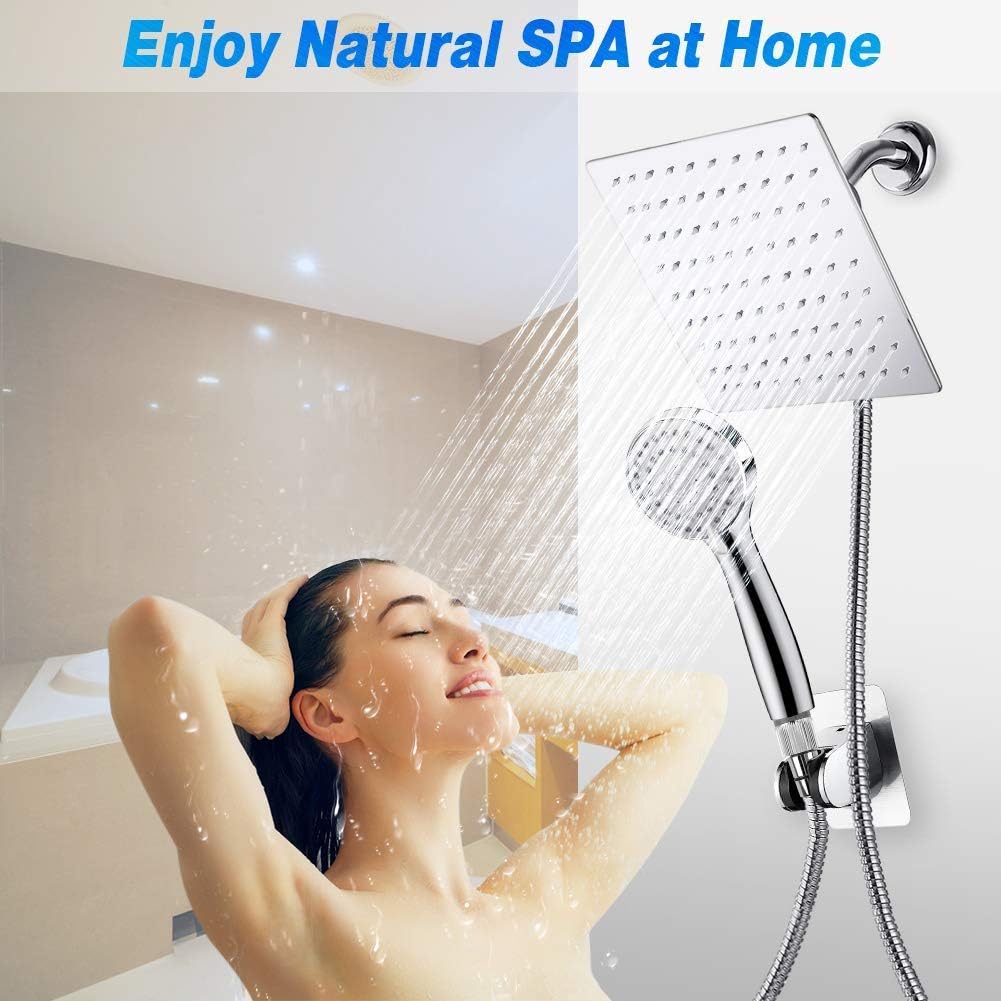 Taiker Shower Head, High Pressure 8'' Rainfall Stainless Steel Shower Head/Handheld Combo with 60'' Hose Anti-leak Shower Head with Holder, Flow Regulator, Chrome, 4 Shower Hooks - - 