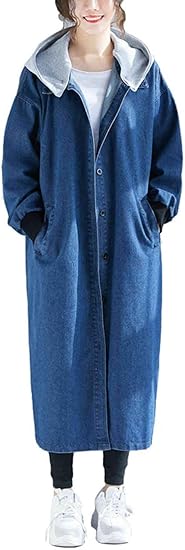 Amazon Lee Fun リー ファン デニム シャツ ロング レディース デニムジャケット ワンピース ロングカーディガン ロングパーカー コットン ゆったり 体型カバー ひざ丈 チュニック フード取り外し可能 フリーサイズ 大きいサイズ 春夏秋冬 ネイビー ワンピース