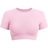 VOYJOY Women Impact Crop Top Raglan Shoulder Cut Seamless Short Sleeves Tops Lightweight Crop Fit Workout Gym Yoga T Shirts