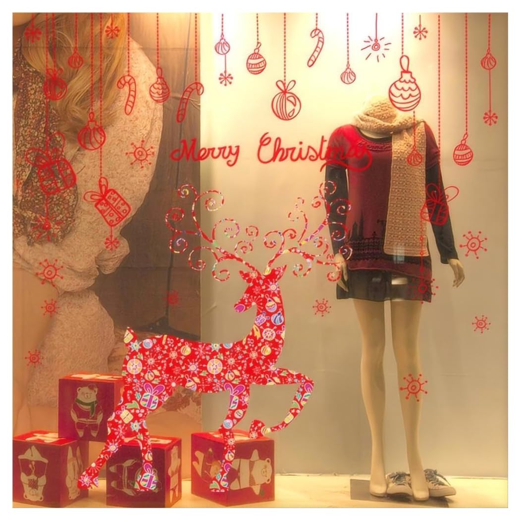 Large Christmas Reindeer Window Sticker Wall Decal, Xmas Shopping Window Sticker of Deer Antlers Lines and Merry Christmas