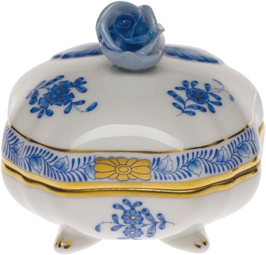 Herend Chinese Bouquet Blue Covered Bonbon With Rose