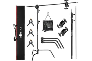 LOMTAP C Stand Light Stand Stainless Metal Photography Kit - Heavy Duty 6.8ft/210cm Vertical Pole, 2.8ft/87cm Boom Arm, Adjustable Base, Water Sandbag, 2 Grip Heads, 3 Clips for Softbox, Reflector