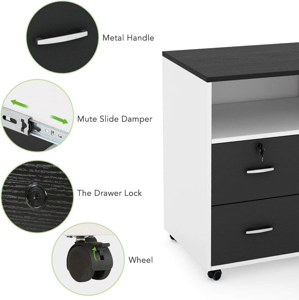Mobile Lateral Filing Cabinet With Locks And Wheels Wihte Black 2 Drawer Storage Printer Stand Tribesigns Wood File Cabinet Open Storage Shelves For Study Home Office Home Kitchen Furniture