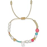 Agriajun Valentines Day Initial Pearl Beaded Adjustable Bracelets for Women, Cute Handmade Gold Clay Beads Friendship Heart Letter Name Bracelet Holiday Beach Jewelry Friend Gift
