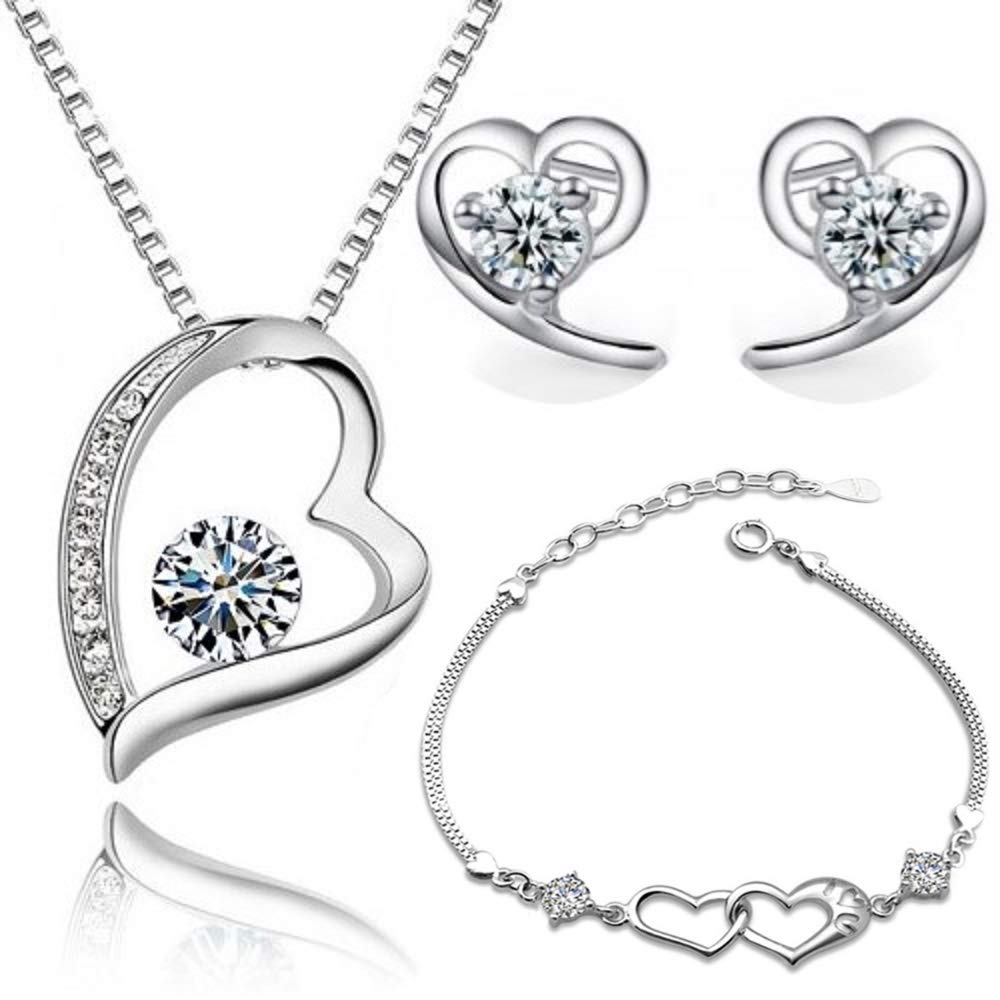 Crystalline Azuria Women 18ct White Gold Plated White Zirconia Crystals Heart Set Pendant Necklace 17.7 inches Stud Earrings Bracelet 6.4 inches