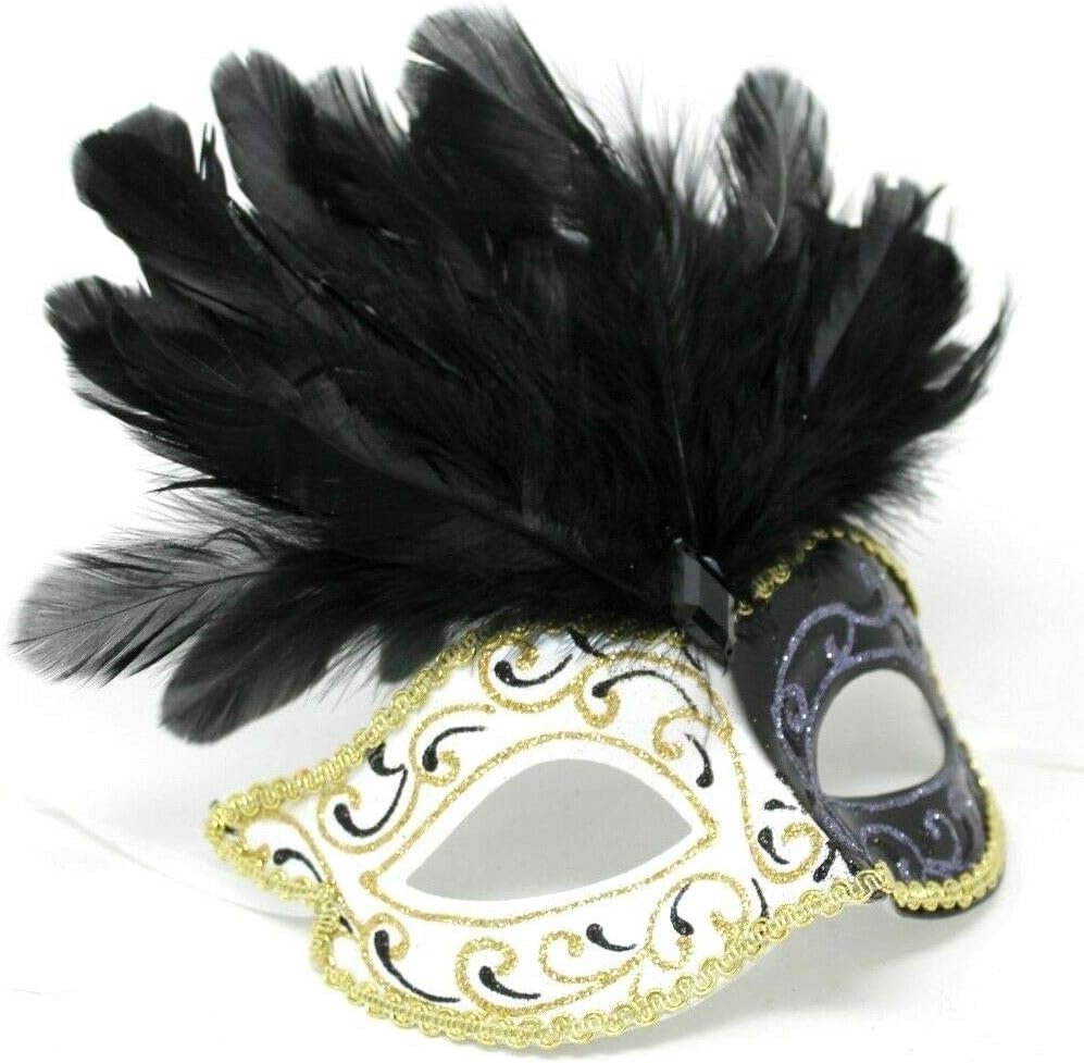 BLACK IVORY & GOLD VENETIAN MASQUERADE PARTY EYE MASK WITH LONG FEATHERS, 7cm Deep Exc Feathers - Image 3