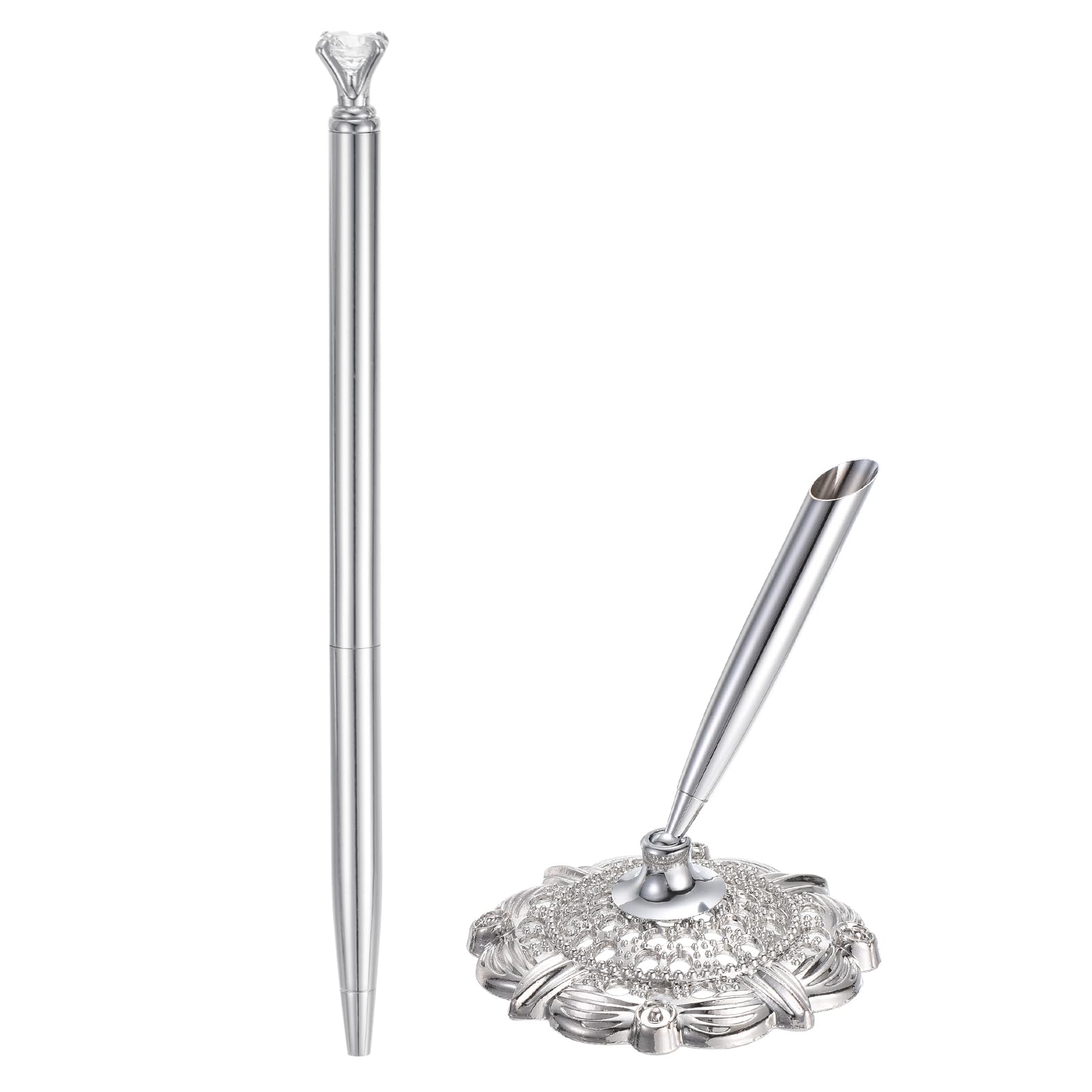 Photo 1 of PATIKIL Hollow Round Pen Holder Signing Pen Set, Wedding Pen with Crystal Diamond and Pen Holder for Wedding Guests Book Engagement Opening Ceremony, Silver Tone