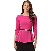 Allegra K Peplum Tops for Women's 3/4 Sleeve Belted Business Work Dressy Casual Blouses