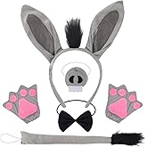 DRABPOI 5 Pcs Donkey Costume Set Donkey Ears Headband Nose Tail Bowtie Gloves Animal Costume for Halloween