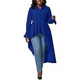 Umenlele Women’s Button Down Long Sleeve Asymmetric Ruffle High Low Hem Blouse Shirt Top Royal Blue# X-Large