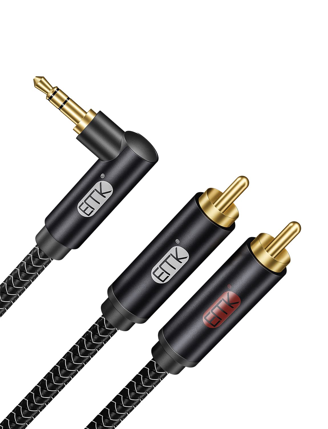 EMK 3.5mm to RCA Stereo Audio Cable - Gold Plated, 90° Aux Male to 2RCA Male, 3ft/1M - Compatible with Smartphones, MP2, Tablets, Speakers, Home Theater