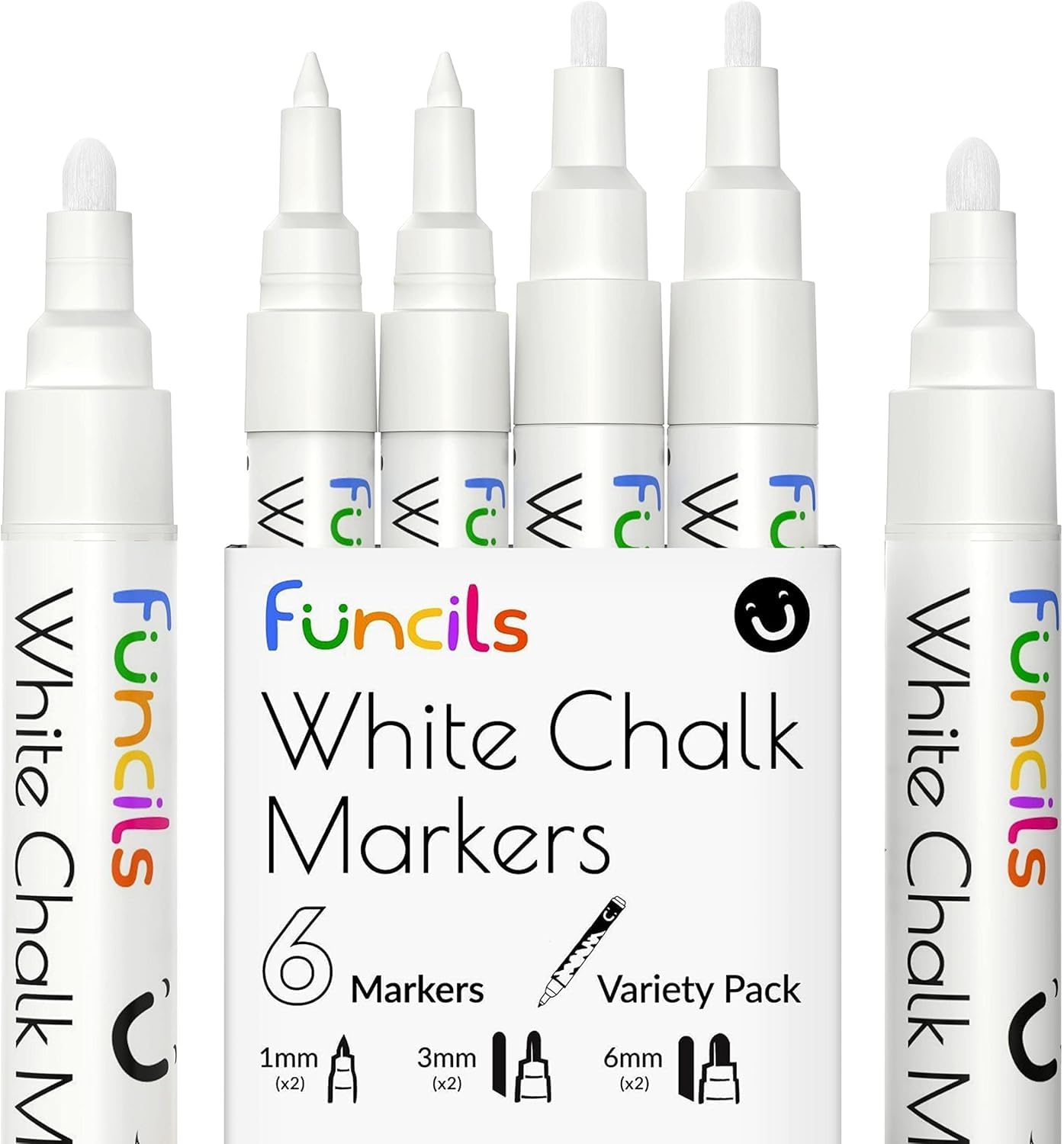 Funcils Kreidestifte - weiß - 6 Kreide Markers Multipack - 1mm, 3mm, 6mm Spitze. Kreidestifte für Fenster, Tafel, Glas und mehr. Geeignet für Erwachsene, Künstler, Lehrer und Kinder.