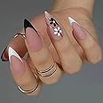 French Tip Press on Nails Medium Almond False Nails Full Cover Artificial Nails with flower Designs Spring Acrylic Fake Nails for Women DIY Manicure Decorations 24 Pcs