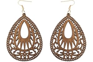 COLORFUL BLING Bohemian Geometric Wood Earrings for Women Vintage Natural Wooden African Lightweight Teardrop Dangle Earrings Statement Boho Jewelry