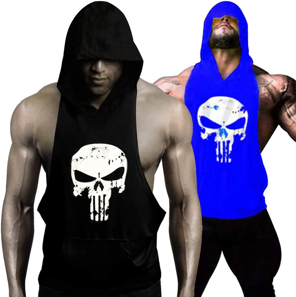 GZXISI Mens Skull Print Stringer Bodybuilding Gym Tank Tops Workout Fitness Vest with Hoodie 2 Pack