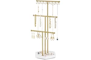 Pinzoveco Jewelry Organizer, 3 Tier Jewelry Holder Organizer with Tray, Jewelry Tree with Earring Organizer, 16 Hooks Necklace Holder, Bracelet Organizer and Ring Tray,Glod and White