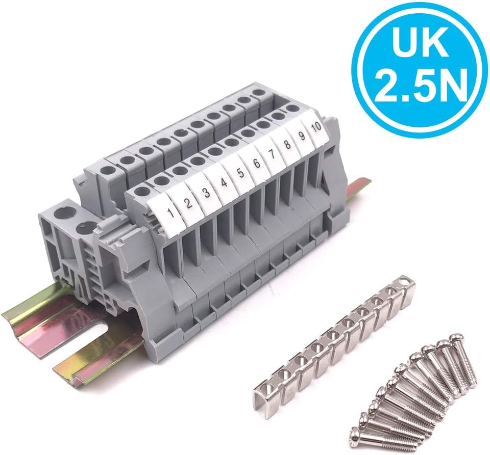 Erayco Assembly UK2.5N 10pcs DIN Rail Terminal Blocks Kit with Fixed Bridge, 2.5 mmยฒ, 24-12 AWG, 20 Amp, 600 Volt