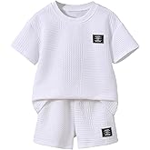 Verdusa Toddler Boy's Casual 2 Piece Outfit Letter Patched Round Neck Tee Top and Elastic Waist Track Bermuda Shorts
