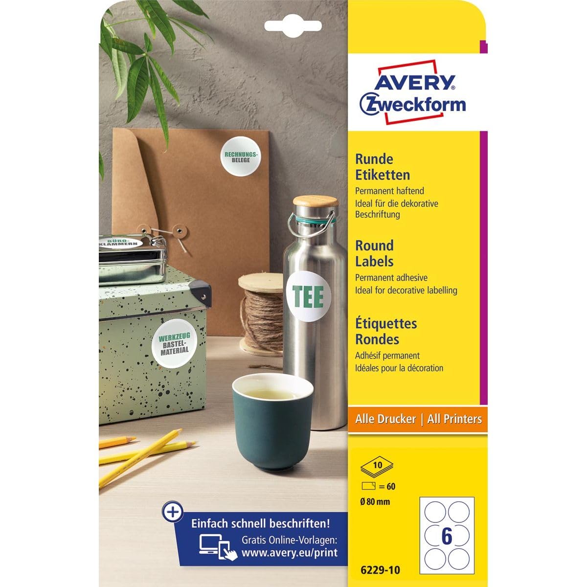 Avery Zweckform 6229-10 Round Labels (60 Adhesive Dots, Diameter 80 mm on A4, Round Stickers for Printing, Self-Adhesive Product Labels, Permanent Adhesive Jam Labels), 10 Sheets, White