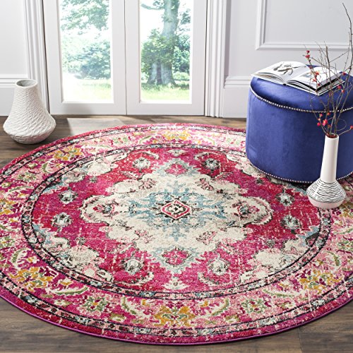 Safavieh Monaco Collection MNC243D Vintage Oriental Bohemian Pink and Multi Distressed Round Area Rug (5' in Diameter)