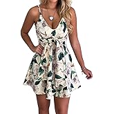 CASURESS Womens Dresses V Neck Mini Floral Spaghetti Strap Tie Knot Front Flowy Pleated Swing Dress