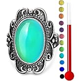 DALEGEM 925 Sterling Silver Oval Color Changing Crystal Ring,Retro Mystery Temperature-Control Changeable Gemstone Boho Ring