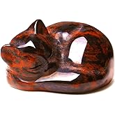 QINJIEJIE Red Obsidian Cat Crystals Decor Sleeping Cat Statue Healing Stone Decor Pocket Polished Gemstones Figurine Office Room Home Desk Decors Cute Gem Gifts for Women Men Stocking Stuffers