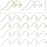 uxcell 160Pcs French Earring Hooks, 21 x 11mm Ball Dot Ear Wires Fish Hook Dangle Earring Findings with Clear Silicone Earring Backs for DIY Jewelry Making, Gold/Silver