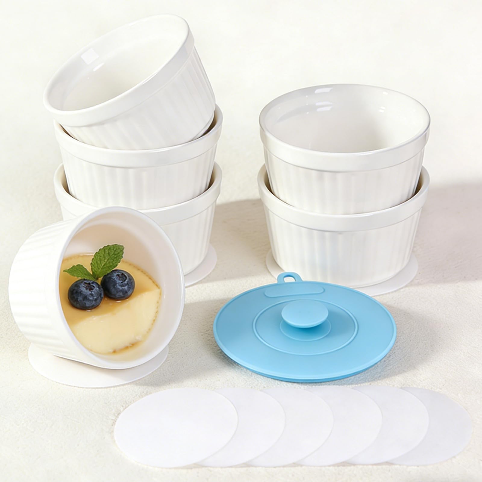 Highkit Ramekins Set of 6, 200ml - 7oz Porcelain Ramekins, Ceramic Souffle Dishes, Ramakins Oven Proof, 9cm Creme Brulee Dish for Cakes,Pudding,Ice Cream and Sauce,Air-fryer Safe,White