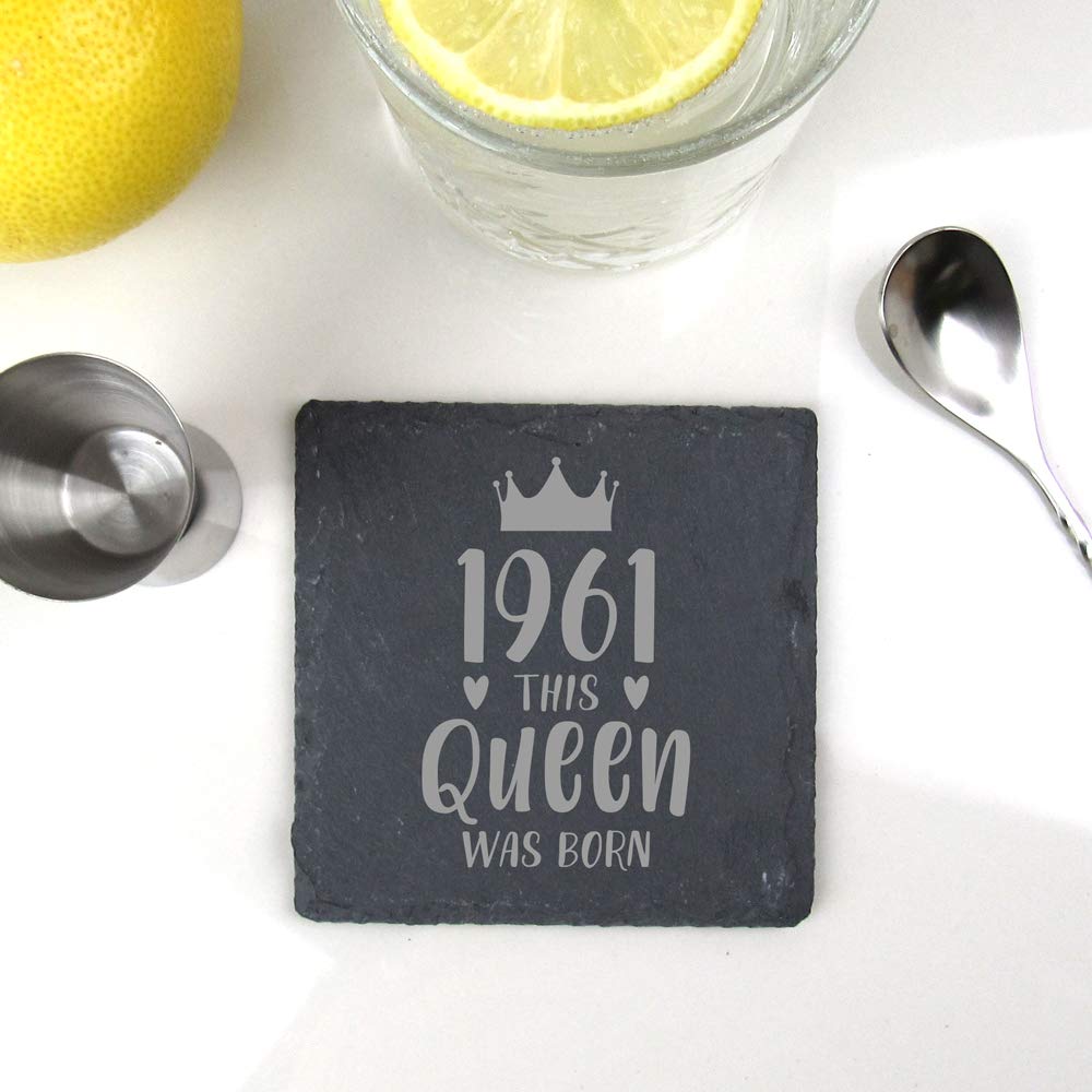 eBuyGB Drinks Mat, Placemat Engraved Square Coaster-1961 This Queen was Born Design-60th Women, Her-Sixtieth Birthday Gift for Mum, Slate