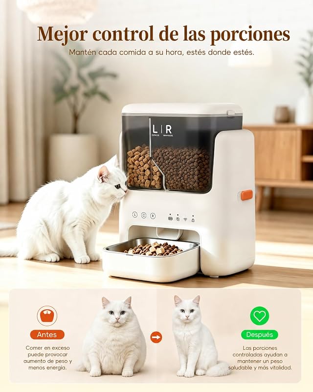 Alimentador Automático para Gatos, Comedero Inteligente para Mascotas con App, Capacidad 2L+3L, Dispensador de Pienso Seco, Temporizador, Registro y Cuenco Inoxidable