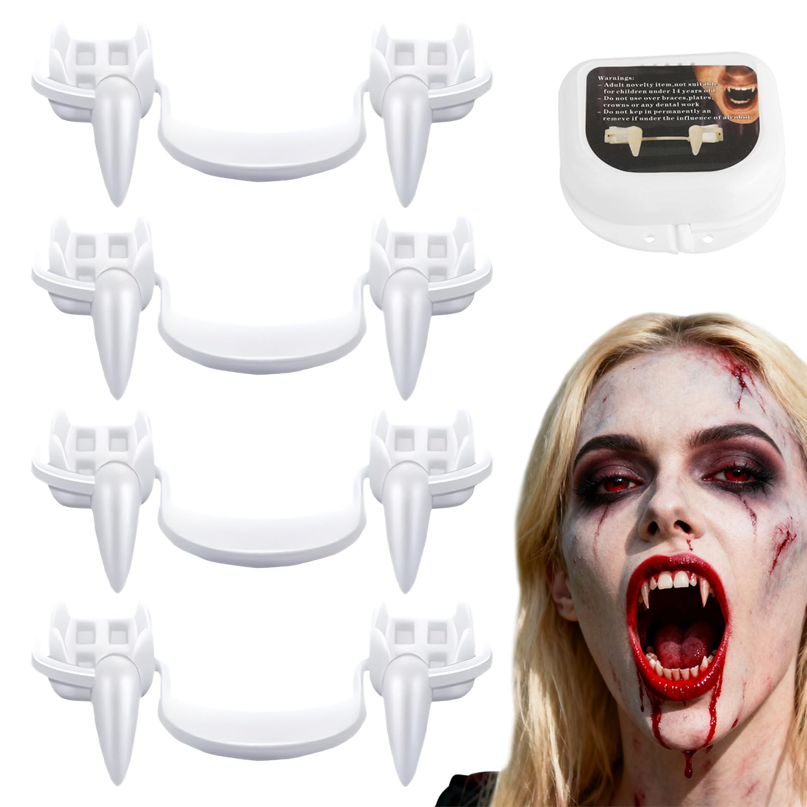 Halloween Vampire Teeth, 4 Pairs Retractable Halloween Vampire Fangs Kids Adults, Realistic Vampire Teeth, Fake Fangs, Reusable Vampire Fangs Teeth for Halloween Party Cosplay