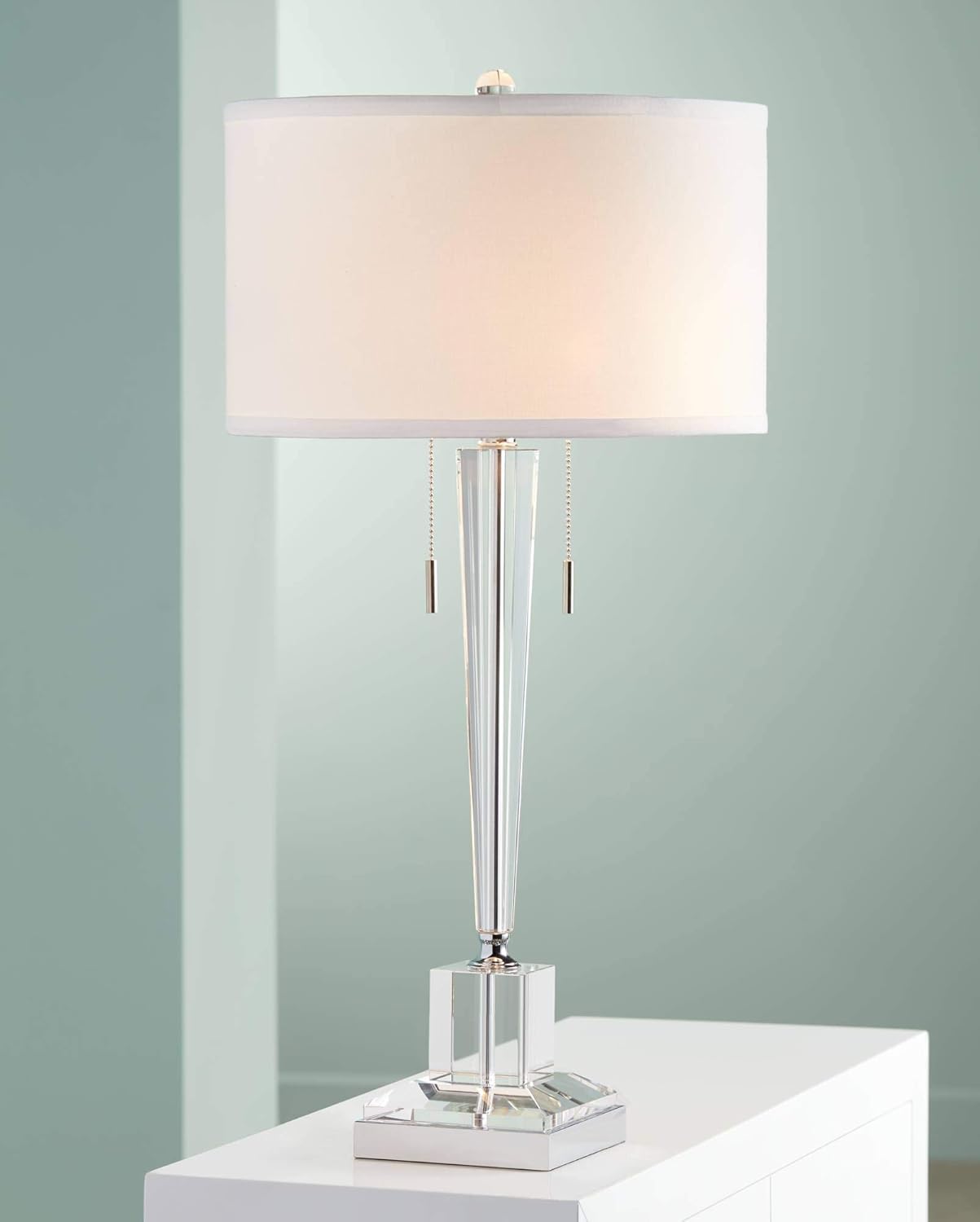 Renee Modern Table Lamp Clear Crystal Glass Column Drum Shade for Living Room Family Bedroom Bedside Nightstand - Vienna Full Spectrum