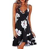 ULTRANICE Womens Summer Dresses Floral V Neck Ruffled Hem Spaghetti Spring Casual Beach Outfits Flowy Wrap Sun Dress